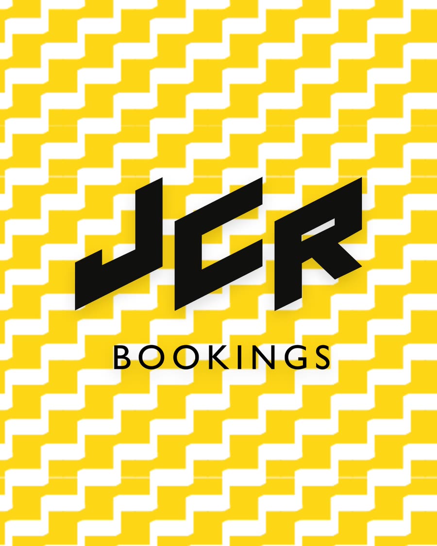 The JCR logotype in black with the word BOOKINGS beneath it, on a yellow and white zigzag pattern.