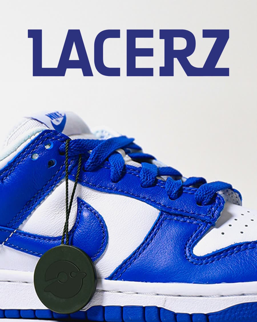 The word LACERZ in blue capitals above a blue and white leather sneaker with thick blue laces and a dark circular hang tag, on an off-white background.