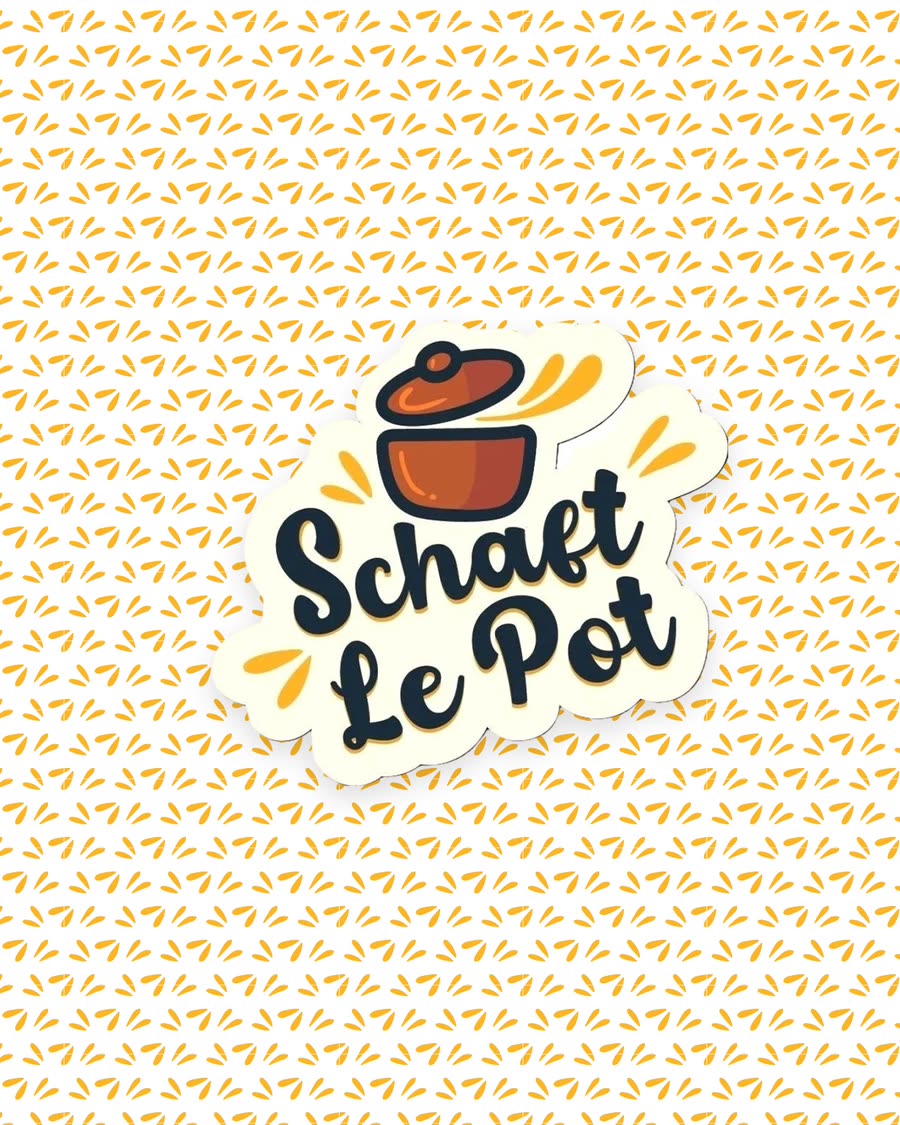 A cream sticker carrying the hand-lettered words Schaft Le Pot and an orange cooking-pot illustration, on a white background patterned with small yellow dashes.