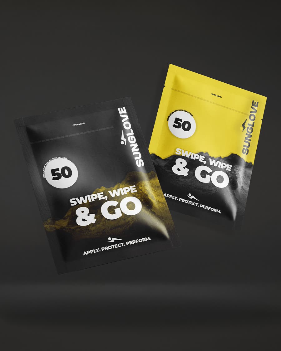 Two Sunglove sachets, one black and one yellow, printed with the words swipe, wipe and go, a large number 50, and the line apply, protect, perform, floating against a dark grey background.