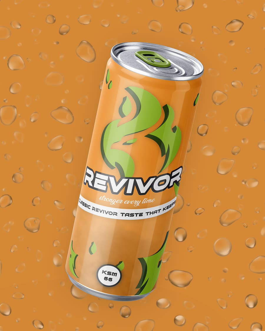 Revivor energy drink can in orange with a green flame graphic and the Revivor wordmark, on an orange background covered in water droplets.